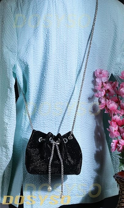 Crystal Clutch For Women Drawstring Crossbody Sling Bags with Chain Stylish Potli Bags Ladies black dark