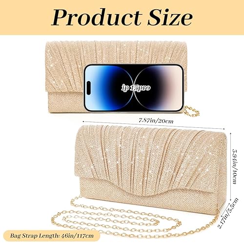 Glitter Purse Bag for Women With Removable Chain, Handbag Sling for Women Gold