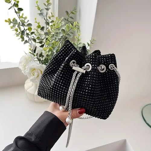 Crystal Clutch For Women Drawstring Crossbody Sling Bags with Chain Stylish Potli Bags Ladies black dark