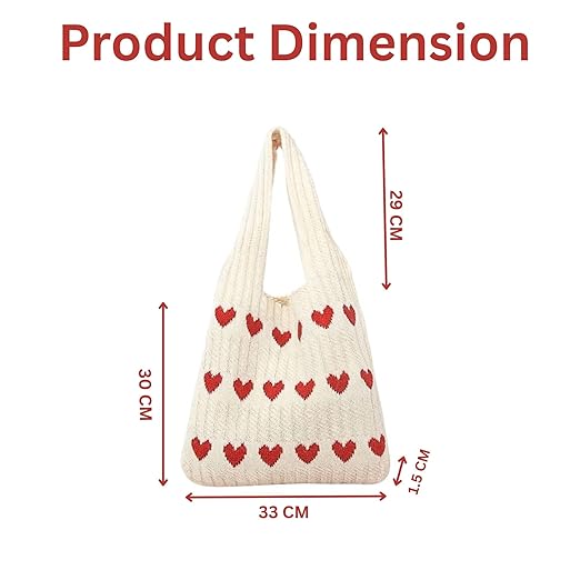 Cotton Knitted Heart Pattern Tote Bag for Women white