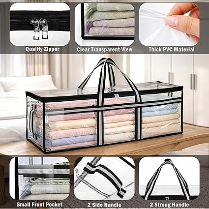 Multi-Purpose Heavy Duty Moisture Proof 85 Litres Transparent Super-Size Jumbo Underbed Storage Bag/Toys/Blankets/Stationery Paper/Clothes Storage Bag (88x27x36 cm)