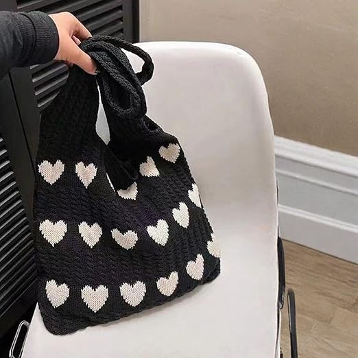 Cotton Knitted Heart Pattern Tote Bag for Women black