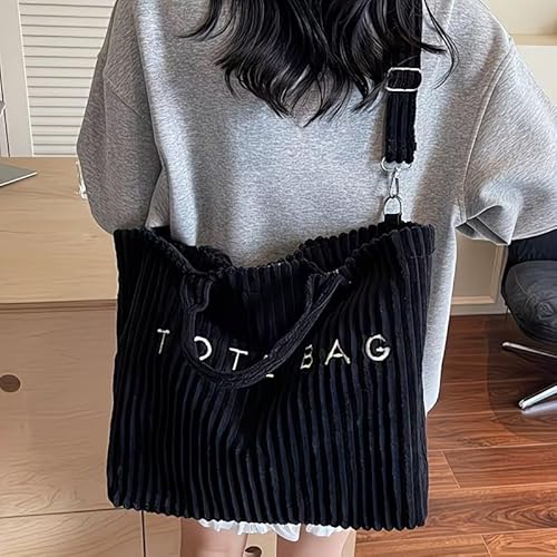 Korean Tote Bag Aesthetic Corduroy Canvas Handbag for Women Zipper Casual Large Capacity Shoulder Bag