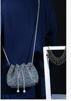 Crystal Clutch For Women Drawstring Crossbody Sling Bags with Chain Stylish Potli Bags Ladies white