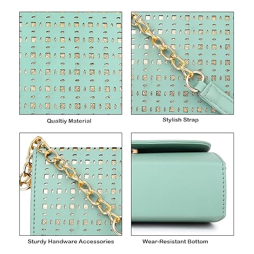 women girls laser cut crossbody sling bag with gold chain litte green
