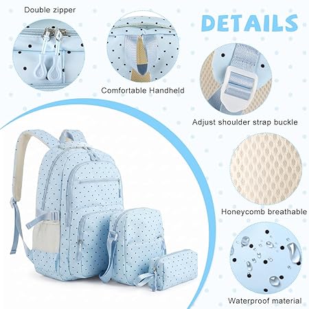Fashion Backpack Set for Girls, Polka Dot School Backpack  lite blue