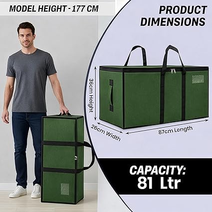 Multi-Purpose Heavy Duty Moisture Proof 81 Litres Canvas Super-Size Jumbo Underbed Storage Bag/Toys/Blankets/Stationery Paper/Clothes/Moving bags (87 x 26 x 36cm), ArmyGreen