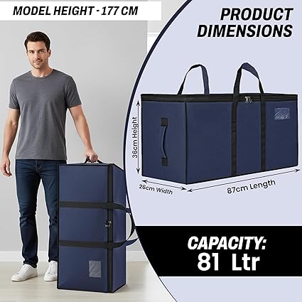 Multi-Purpose Heavy Duty Moisture Proof 81 Litres Canvas Super-Size Jumbo Underbed Storage Bag/Toys/Blankets/Stationery Paper/Clothes Storage Bag (87x26x36 cm),Navy Blue