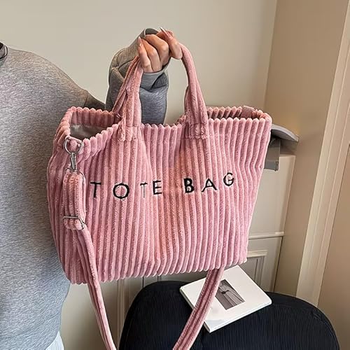 Korean Tote Bag Aesthetic Corduroy Canvas Handbag for Women Zipper Casual Large Capacity Shoulder Bag pink