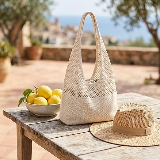 Crochet Tote Bag for Women – Large Knitted Diamond Cut Design Shoulder Handbag for Travel white