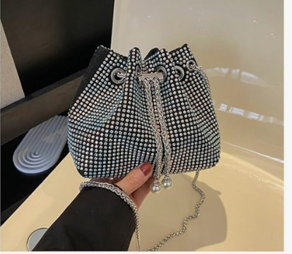 Crystal Clutch For Women Drawstring Crossbody Sling Bags with Chain Stylish Potli Bags Ladies white