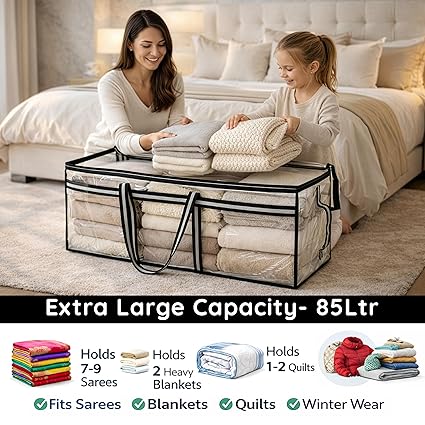 Multi-Purpose Heavy Duty Moisture Proof 85 Litres Transparent Super-Size Jumbo Underbed Storage Bag/Toys/Blankets/Stationery Paper/Clothes Storage Bag (88x27x36 cm)