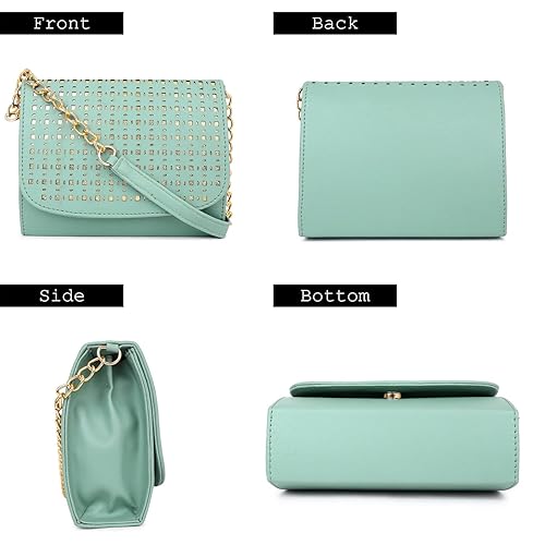women girls laser cut crossbody sling bag with gold chain litte green