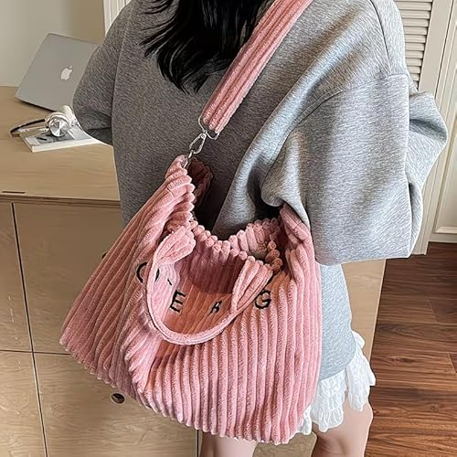 Korean Tote Bag Aesthetic Corduroy Canvas Handbag for Women Zipper Casual Large Capacity Shoulder Bag pink