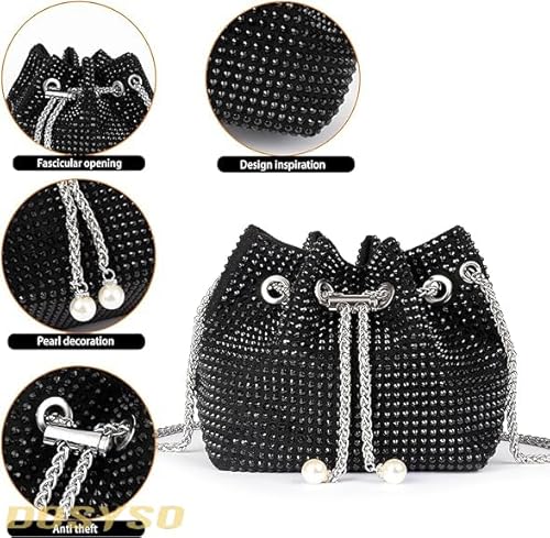 Crystal Clutch For Women Drawstring Crossbody Sling Bags with Chain Stylish Potli Bags Ladies black dark