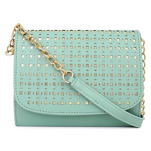 women girls laser cut crossbody sling bag with gold chain litte green