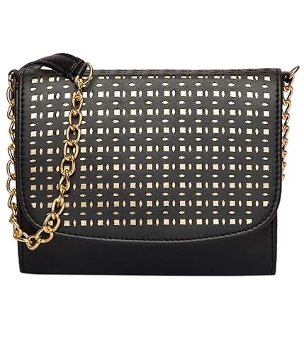women girls laser cut crossbody sling bag with gold chain black