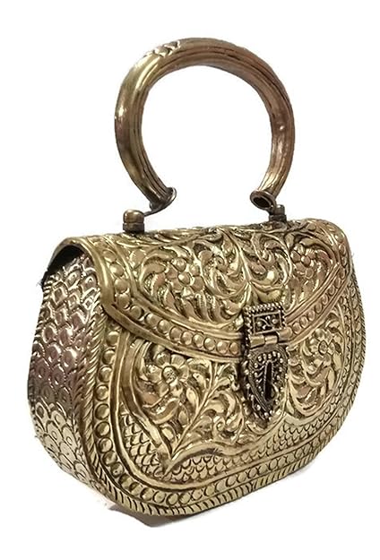 Trend Overseas Women's Vintage Handmade Brass Metal Hand Carving Clutches Handbag