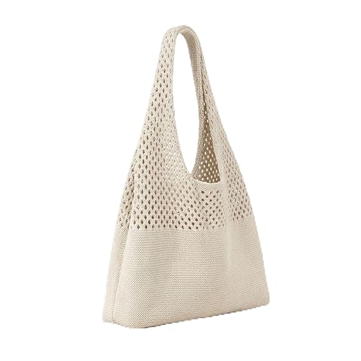 Crochet Tote Bag for Women – Large Knitted Diamond Cut Design Shoulder Handbag for Travel white